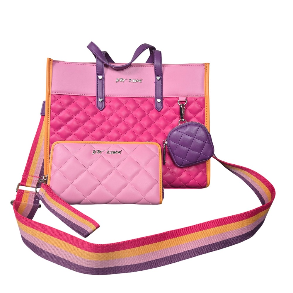 Betsey Johnson Xobecca Pink Purple Quilted Tote Bag Satchel Wallet Wristlet Set